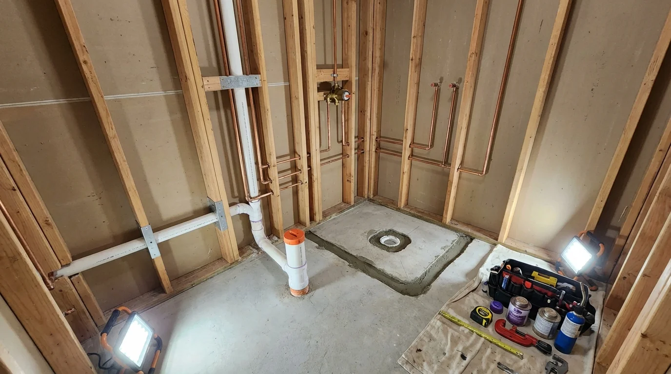 Bathroom rough-in plumbing during remodel by Johns Plumbing LLC in Caledonia
