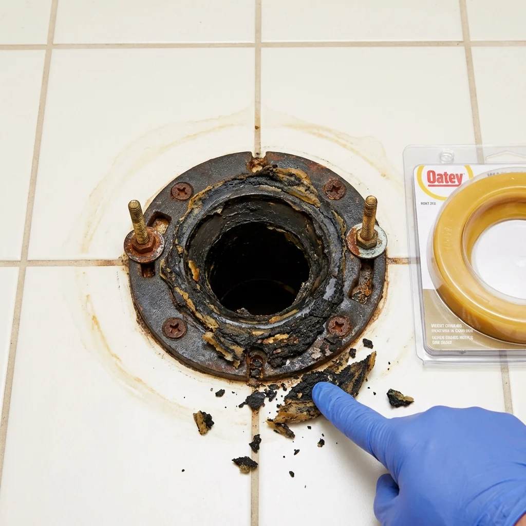 Failed wax ring showing water seepage at the base of a toilet in a Caledonia, MS home