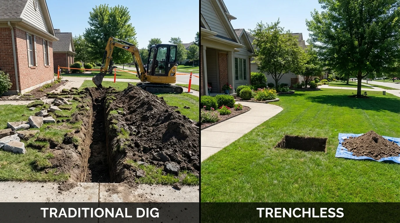 Trenchless sewer repair with minimal yard damage versus traditional excavation in Caledonia, MS
